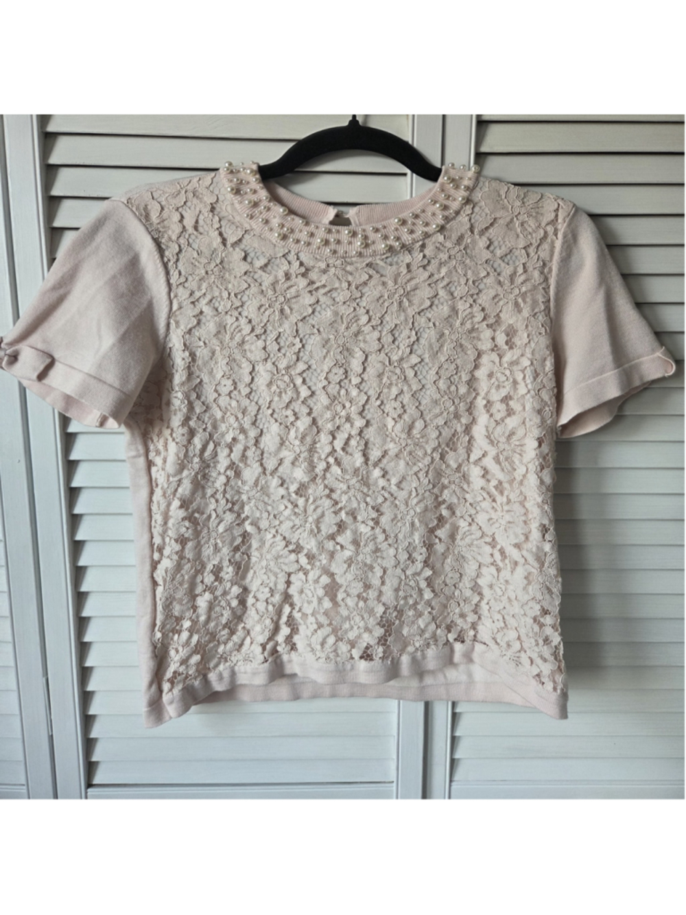 Women's Karl Lagerfeld Pink Lace Pearl Short Sleeve Tee S